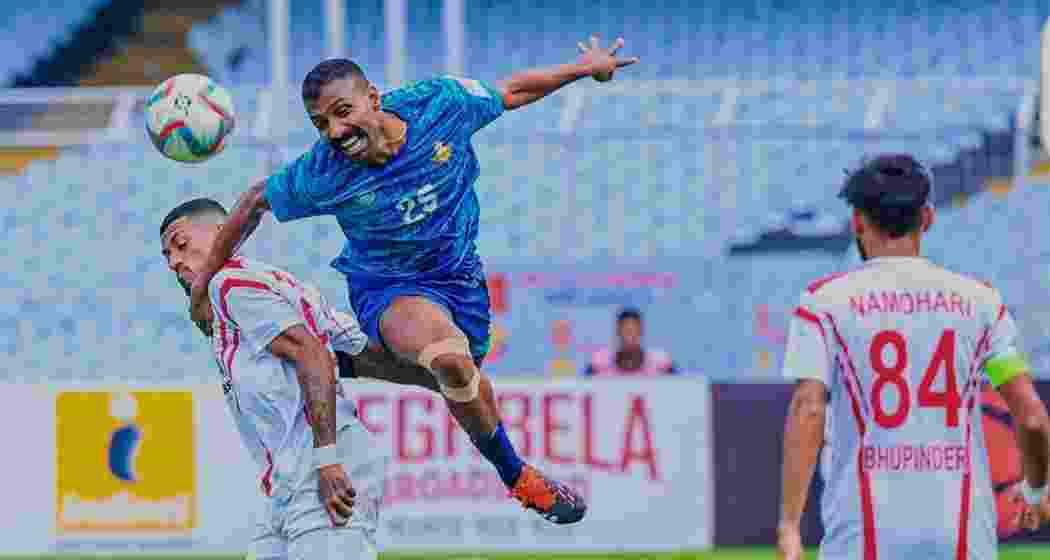 Namdhari FC and Indian Air Force FT players battle for an aerial ball during their high-intensity Durand Cup 2025 Group A clash.