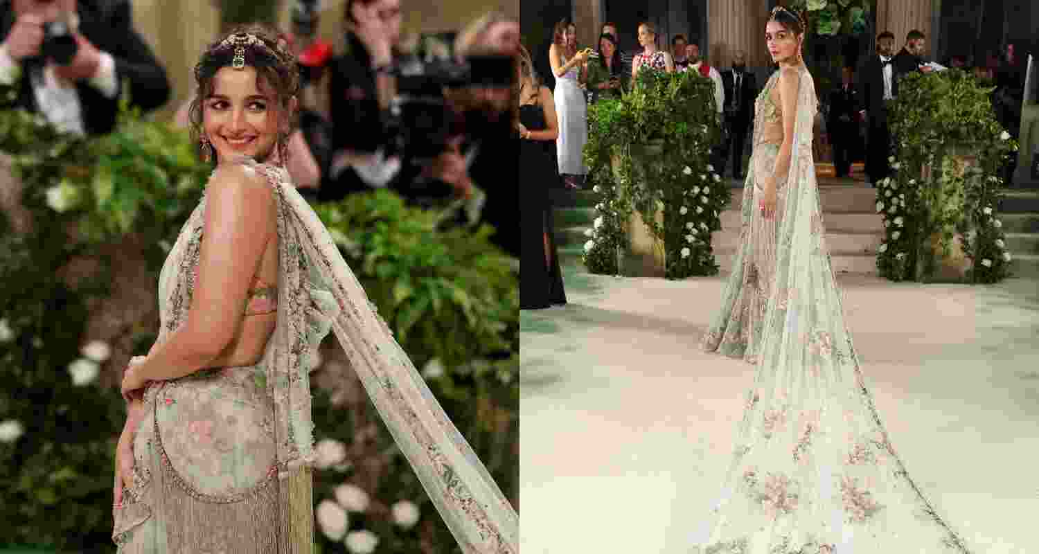 Alia Bhatt stuns at Met Gala 2024 in 30-foot-long floral saree by Sabyasachi