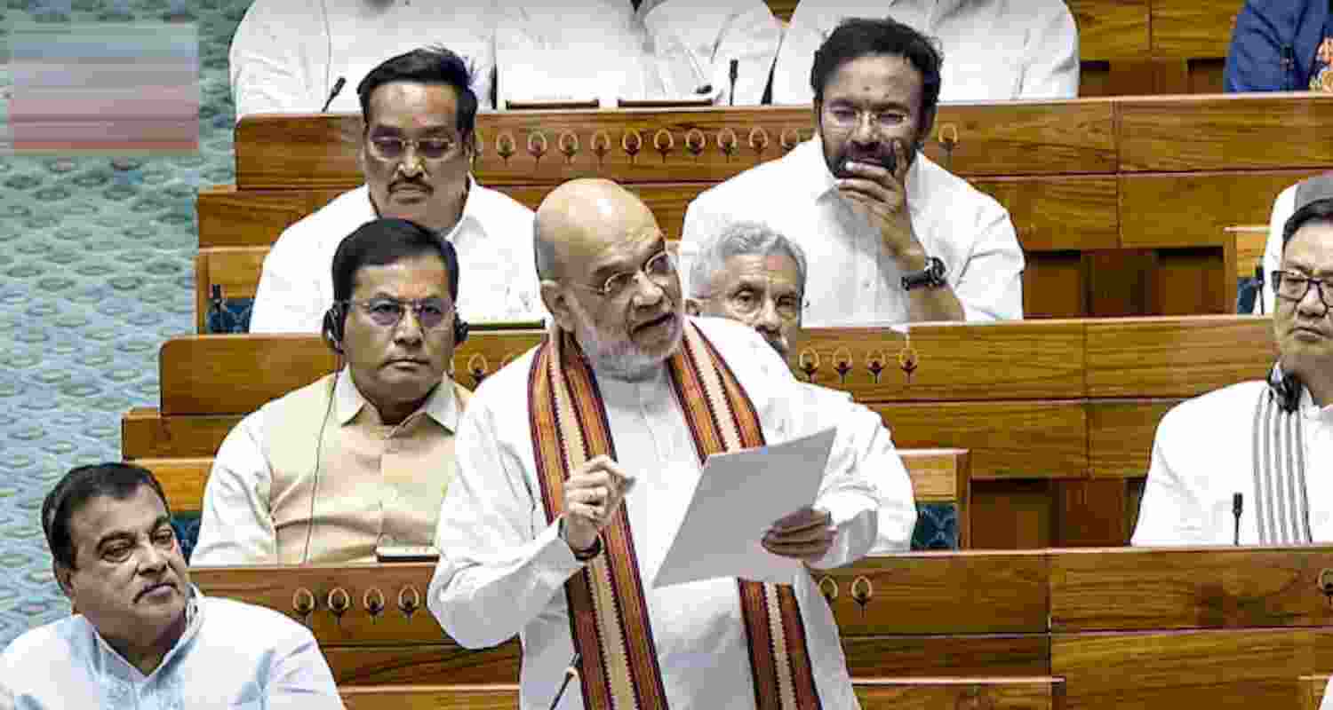 Union Home Minister Amit Shah speaks during a debate in the Lok Sabha on the Pahalgam terror attack and Operation Sindoor, at the Monsoon session of Parliament, in New Delhi, Tuesday.