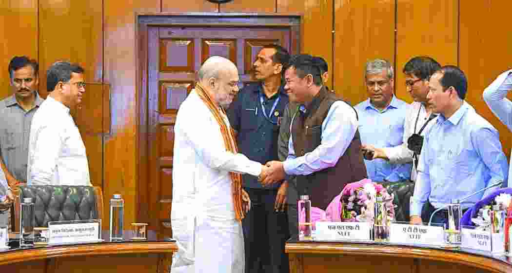 Union Home Minister Amit Shah meets representatives of the National Liberation Front of Tripura (NLFT) and the All Tripura Tiger Force (ATTF) in New Delhi on Wednesday, marking a significant step towards peace in the northeastern region. Union Home Minister Amit Shah meets representatives of the National Liberation Front of Tripura (NLFT) and the All Tripura Tiger Force (ATTF) in New Delhi on Wednesday, marking a significant step towards peace in the northeastern region.