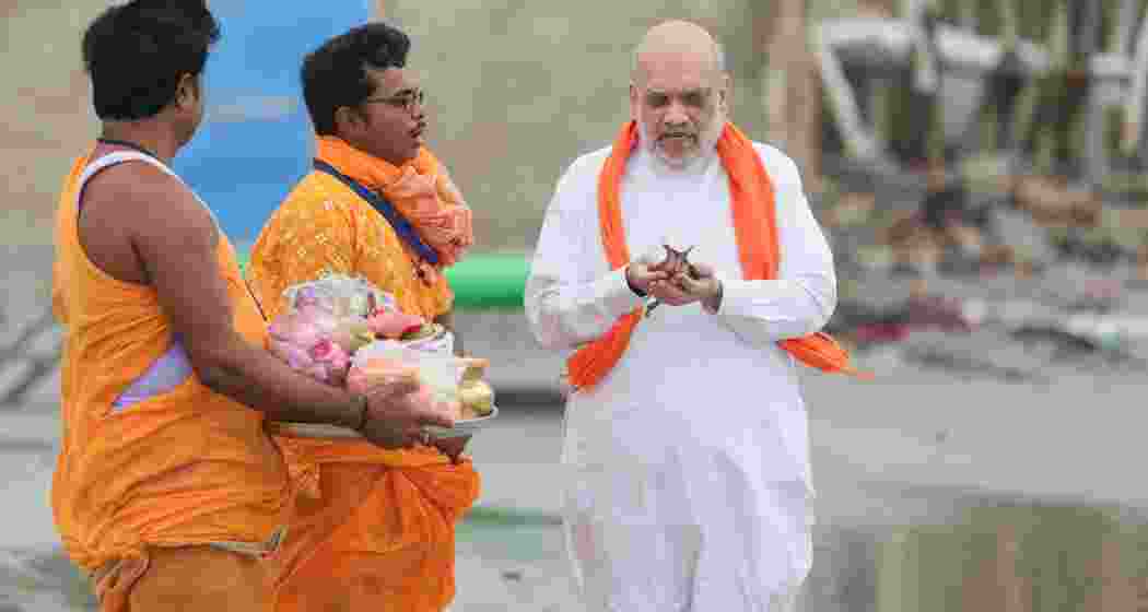 Union Home Minister Amit Shah offers prayers at Gangasagar in West Bengal. (File photo)