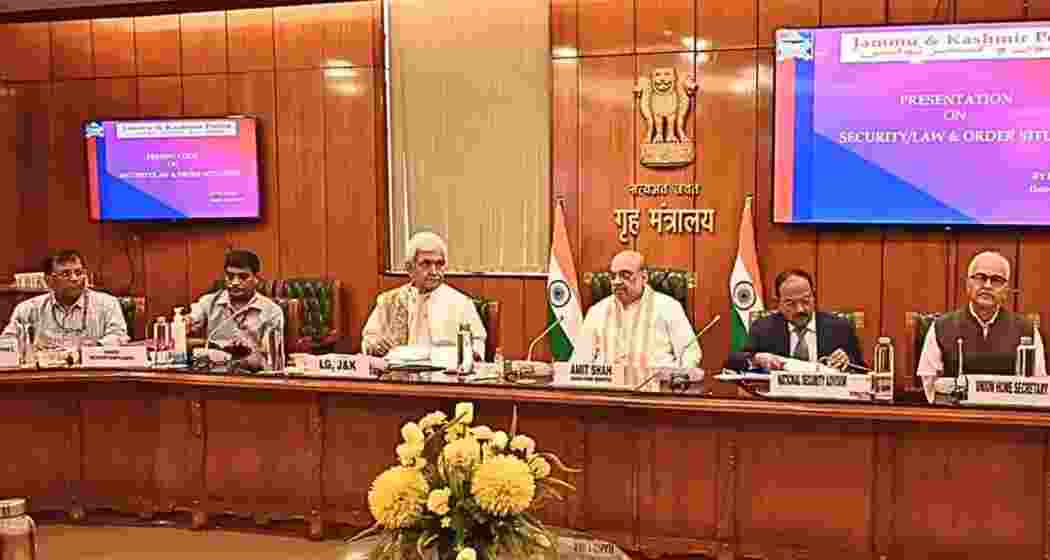 Union Home Minister Amit Shah along with Jammu and Kashmir Lieutenant Governor Manoj Sinha preside over consecutive meetings on strengthening counter-terrorism measures in Jammu and Kashmir. File photo.