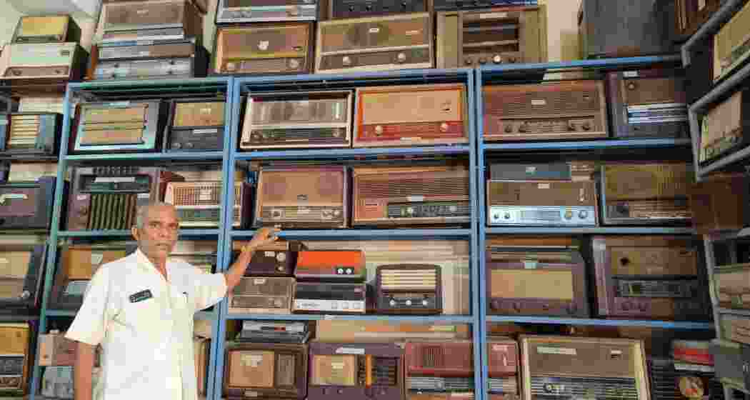 Ram Singh Bouddh, fondly known as the 'Radio Man' with his radio sets.