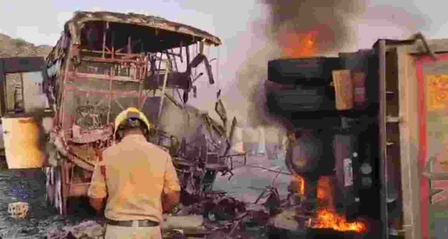 14 killed, several injured after a bus collided with a tipper and caught fire in Andhra Pradesh’s Markapuram. Rescue teams struggle to recover bodies.