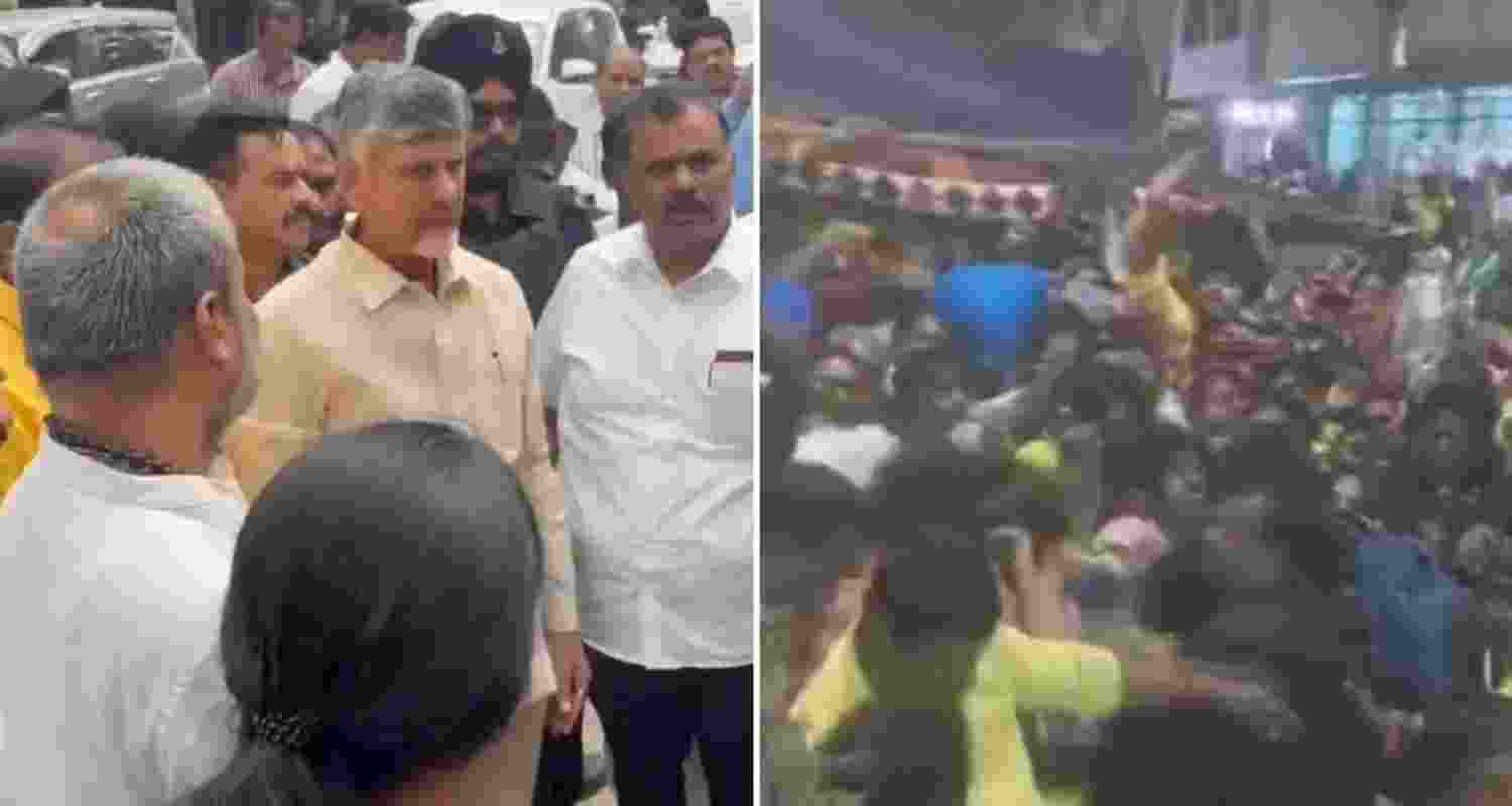 Andhra Pradesh CM Chandrababu Naidu (L) & visual from the Tirupati stampede incident. Photo Credit - X 
