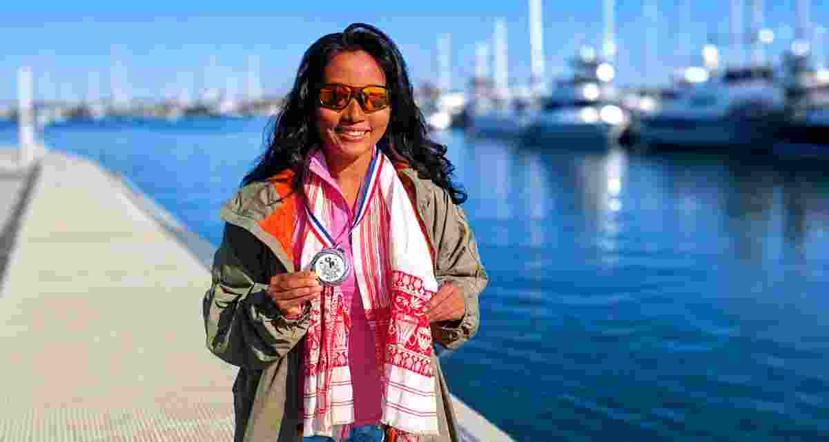 Ankita Konwar celebrates after completing the English Channel Relay Swim, becoming the first woman from Northeast India and the first Assamese woman to achieve the historic endurance feat.