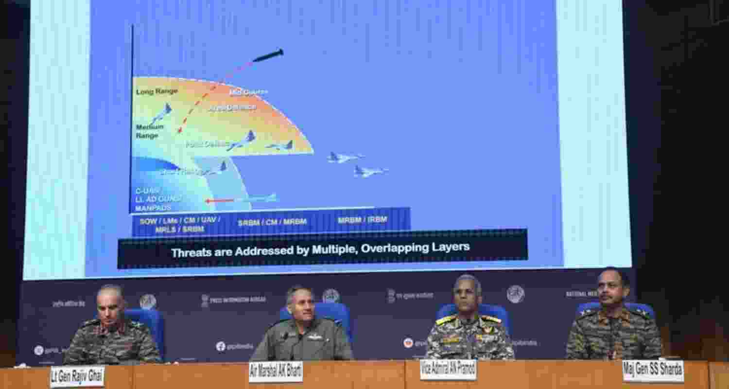 Director General of Military Operations (DGMO) Lt General Rajiv Ghai with Air Marshal AK Bharti, Vice Admiral AN Pramod and Major General SS Sharda during a press conference on Operation Sindoor, in New Delhi, on Monday.