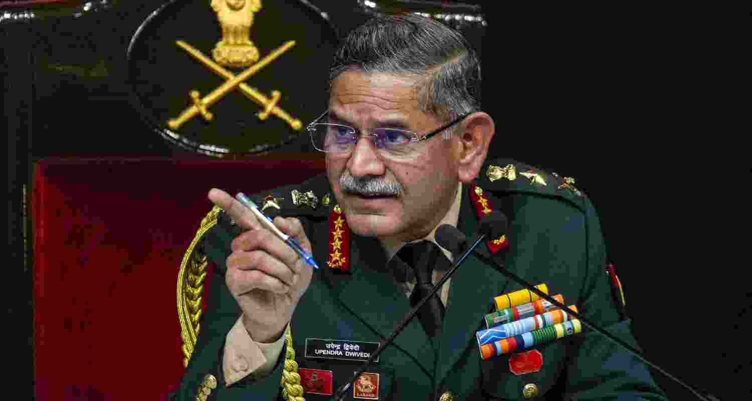  Chief of Army Staff General Upendra Dwivedi addresses a press conference ahead of the '78th Army Day', in New Delhi
