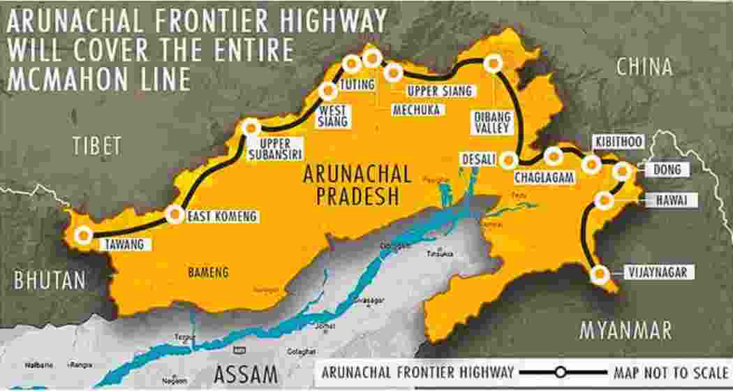 Representation of the Arunachal Frontier Highway, a ₹28,229 crore project along the LAC, aims to bolster strategic infrastructure and socio-economic development.