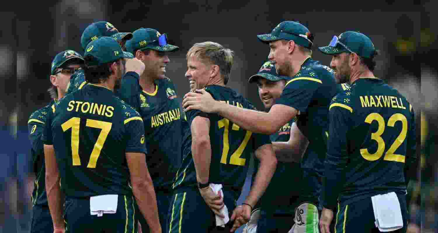 The Australian team celebrating the fall of another wicket in their T20 World Cup match against Ireland.
