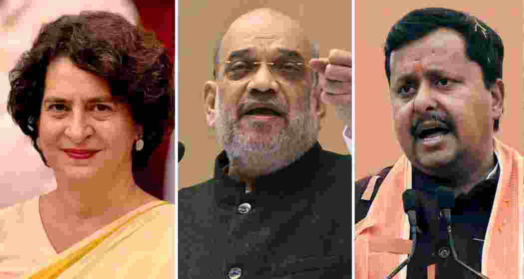 Congress leader Priyanka Gandhi (L), Union Home Minister Amit Shah (C), and BJP’s Nitin Nabin (R) will be in Assam this week ahead of the 2026 Assembly elections.