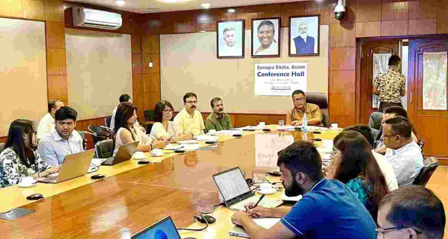 Assam Education Minister Ranoj Pegu with education department officials in Guwahati.