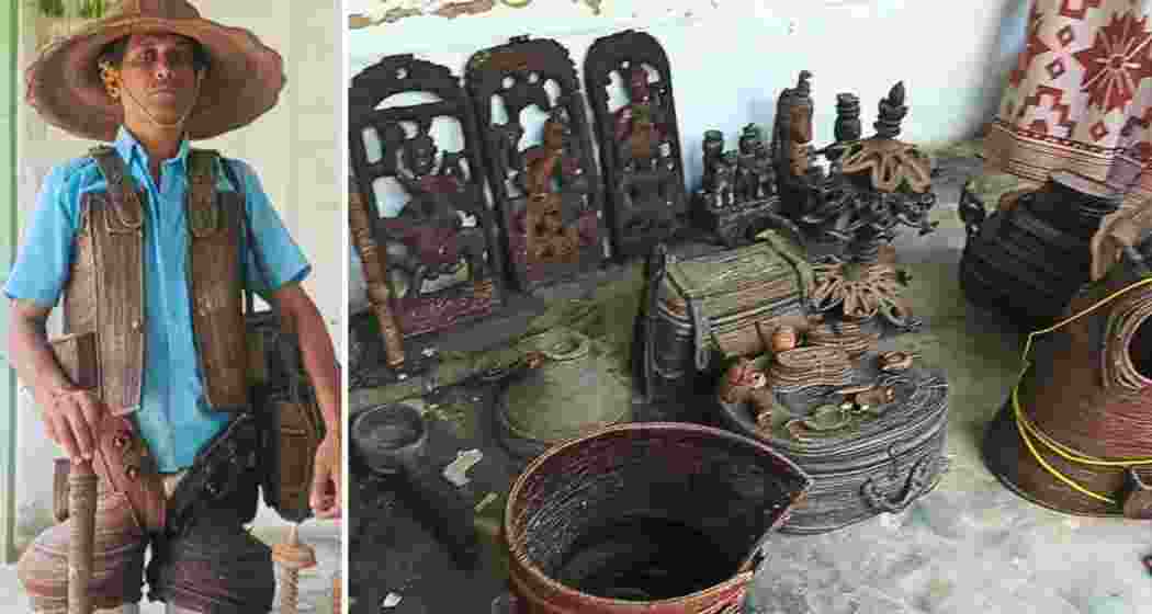 Ram Saikia displays traditional attire made entirely of bamboo, part of his grandfather’s century-old collection, at his home in Germany Chuk, Lakhimpur district, Assam. The family seeks government support to conserve the artefacts. 