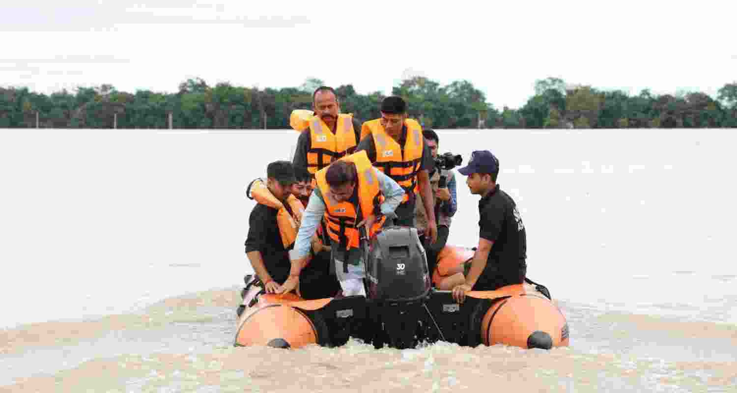 Assam Chief Minister Himanta Biswa Sarma inspecting the flood affected areas of Bokakhat, in Golaghat district on Tuesday. 