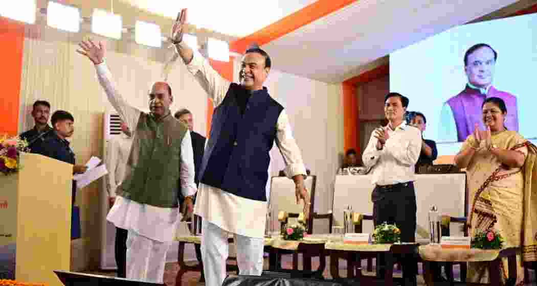 Assam CM Himanta Biswa Sarma waves to supporters at a gathering. (X/Himantabiswasarma)