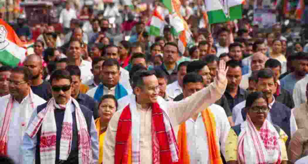 Congress leader Gaurav Gogoi marches during a rally ahead of the upcoming Assam Assembly elections.
