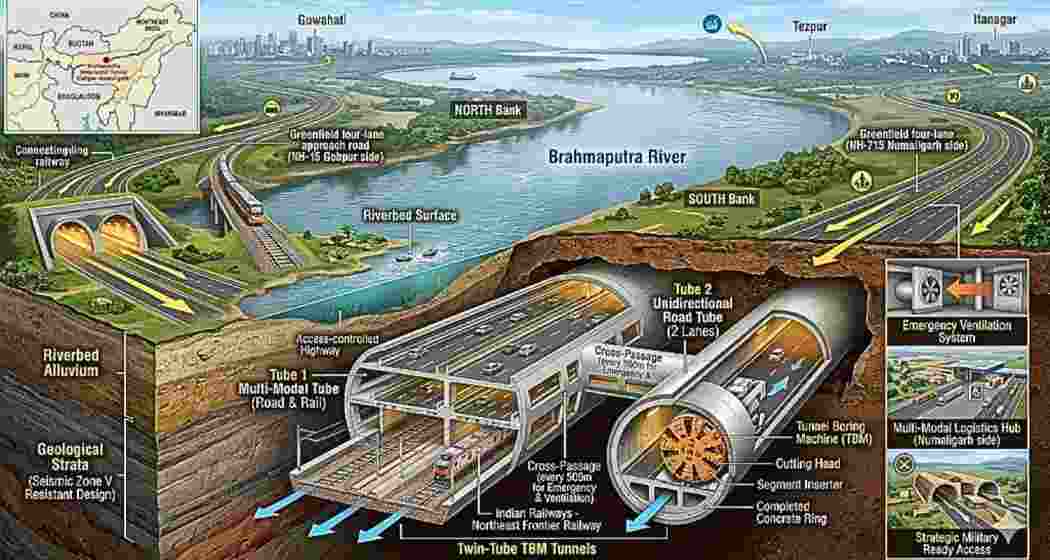 An artist's impression of the proposed underwater tunnel beneath the Brahmaputra River, a project expected to transform transport and connectivity across Northeast India.