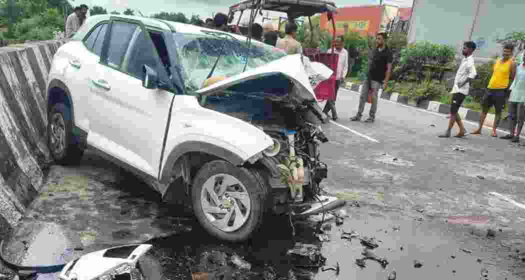 The mangled vehicle after the road accident in Jhansi that claimed the life of Aban Ahmed, the youngest son of slain gangster-politician Atiq Ahmed.