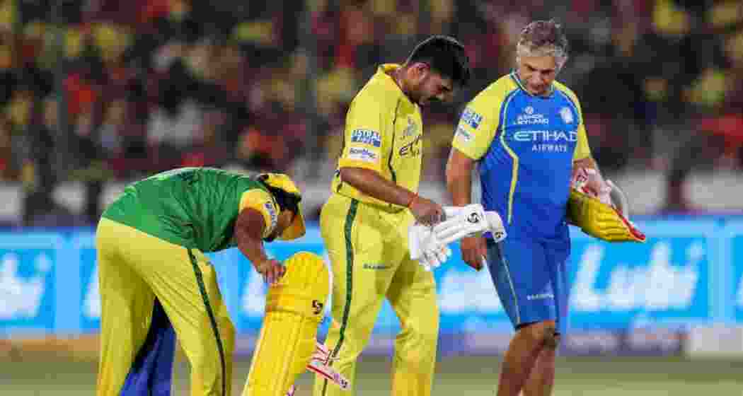 Chennai Super Kings batter Ayush Mhatre walks off injured during their IPL match against Sunrisers Hyderabad in Hyderabad.
