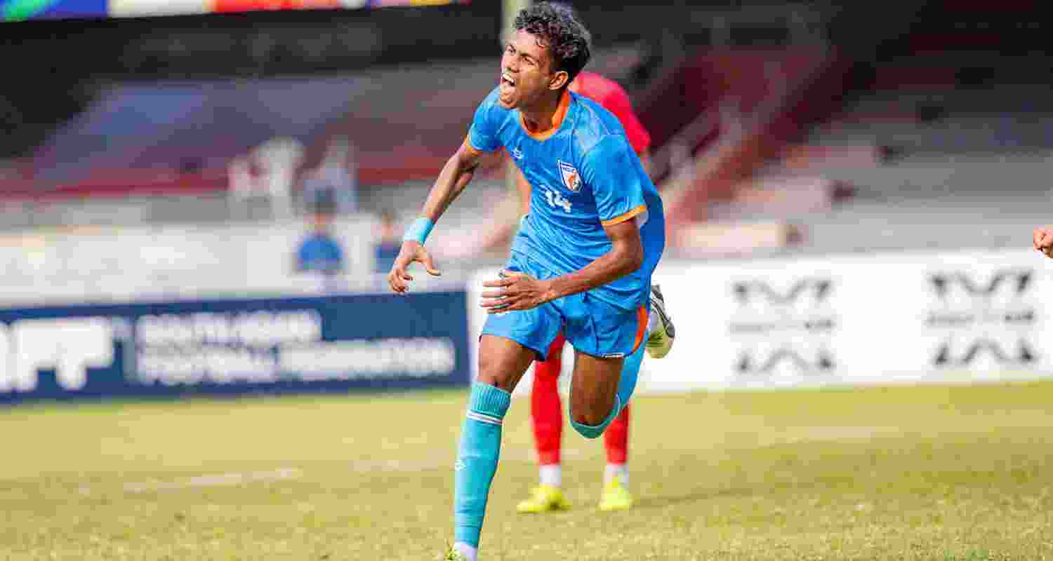 A file photo of India's Vishal Yadav celebrating after scoring against Bangladesh during their SAFF U20 Championship match on March 28.