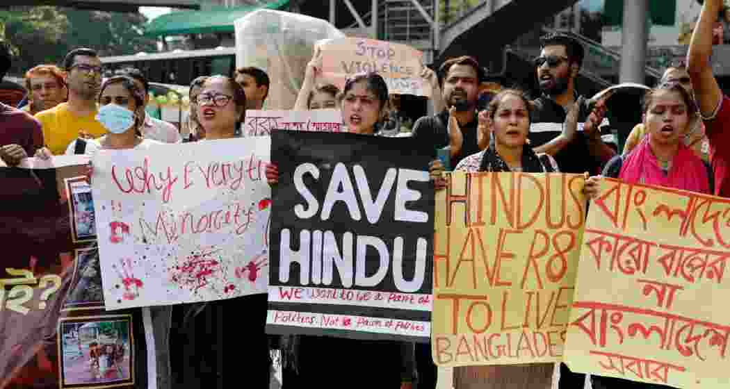 Hindus block an intersection as they protest against violence towards their community in capital city Dhaka. 
