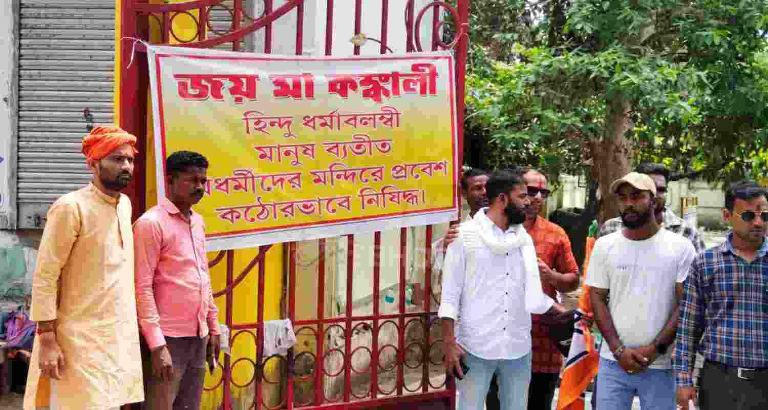 Controversy erupts at Birbhum’s Kankalitala Temple after banners allegedly restricting non-Hindus from entering the shrine were put up.