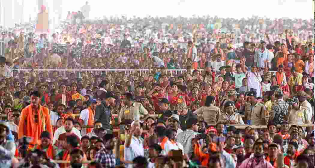 Crowd gathers to attend Prime Minister Narendra Modi’s public rally for the West Bengal Assembly elections 2026. As many as 63% of the Bharatiya Janata Party candidates fielded in phase one of West Bengal polls are facing serious criminal charges. 