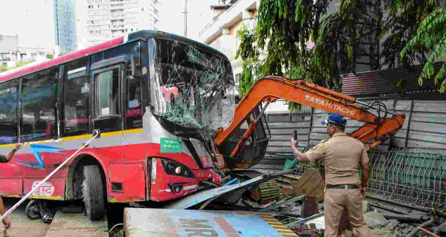 Damaged remains of a BEST (Brihanmumbai Electric Supply and Transport) bus after it collided with two cars and several other vehicles, in Mumbai, Monday. 