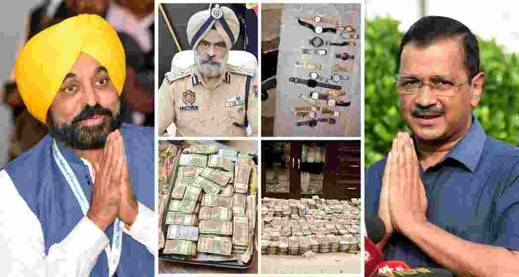 (From left) Punjab CM Bhagwant Mann, DSP Bhullar with seized cash and watches, and AAP supremo Arvind Kejriwal.