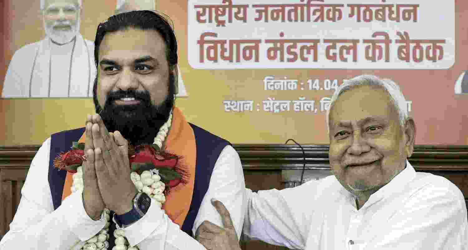 Newly-appointed Bihar Chief Minister Samrat Choudhary with ex-CM Nitish Kumar. 