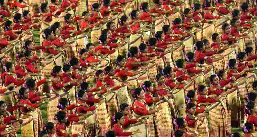Bihu dancers in their traditional attire at the Sarusajai Stadium in Guwahati.