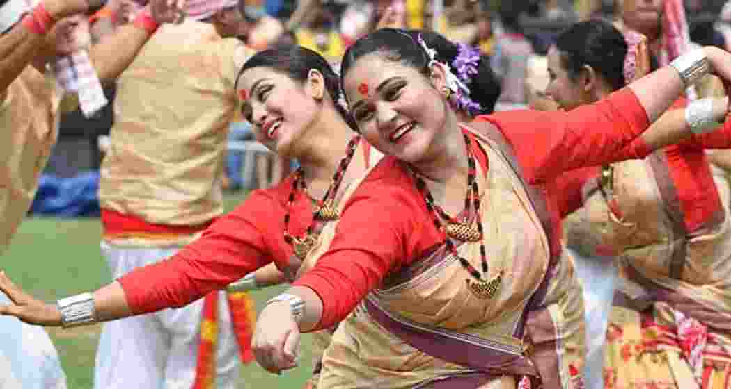 Artistes perform traditional Bihu dance during Bohag Bihu celebrations in Assam, as communities come together with music, dhol beats and vibrant attire to mark the As