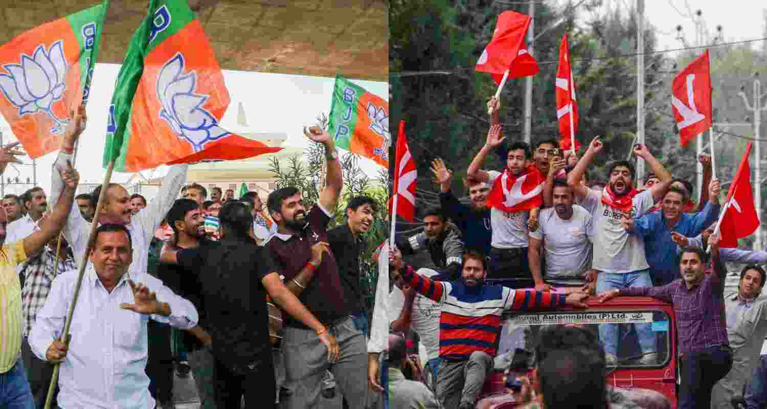Youth celebrating victory of candidates in Jammu(left). Kashmiri youth celebrate JKNC's victory in J&K elections in Srinagar(right).