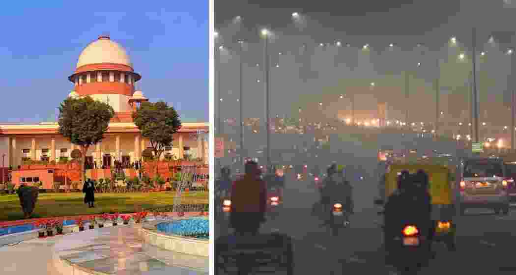 The Supreme Court of India (L), and Delhi highways enveloped by smog.  