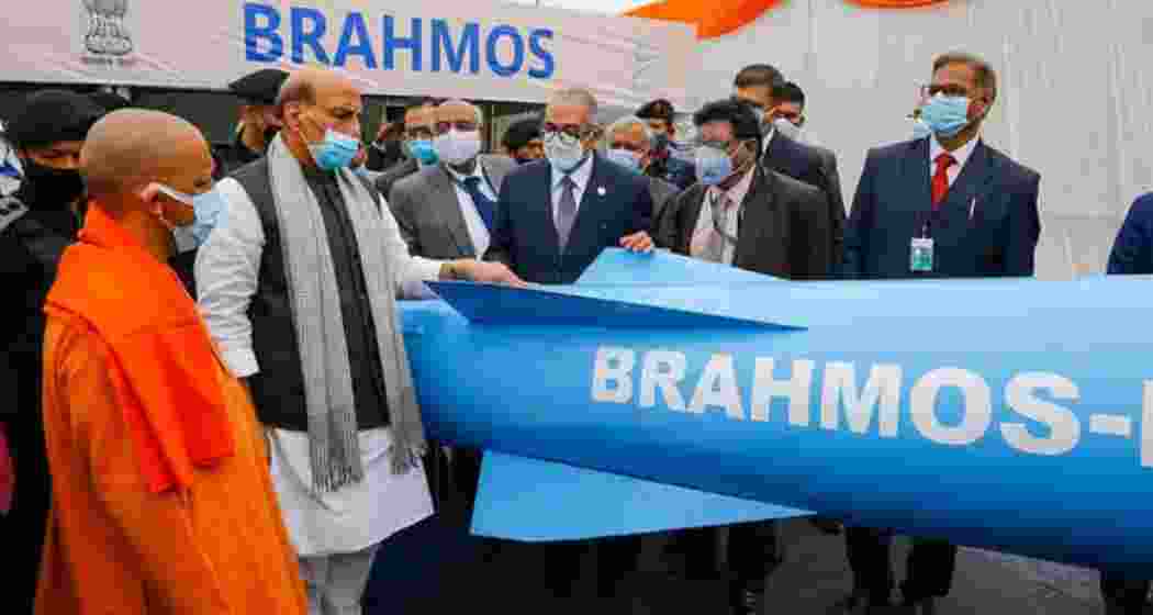 Defence Minister Rajnath Singh and UP Chief Minister Yogi Adityanath at a BrahMos missile display in Lucknow. (File Photo)