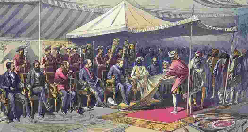 A portrait from the early 1850s showing British colonial officials egotiating with Indian representatives, reflecting the exploitative practices of resource extraction, heavy taxation, and economic policies designed to drain wealth from India to Britain during the colonial era.