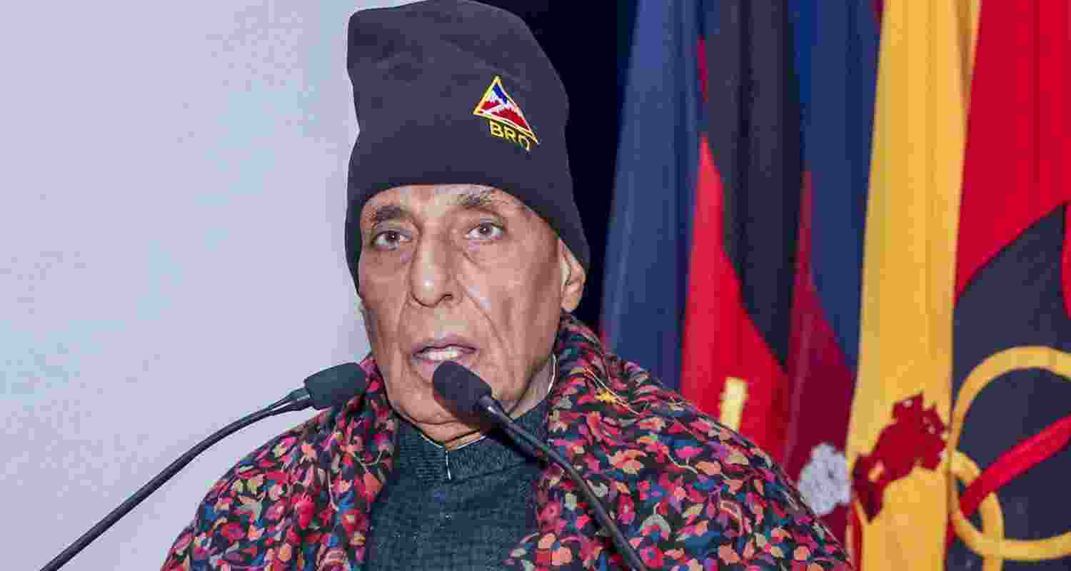 Defence Minister Rajnath Singh addresses the gathering during an event regarding infrastructure projects of Border Roads Organisation (BRO).