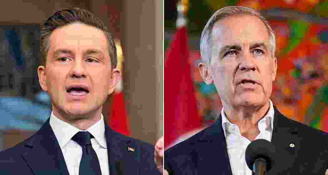 Conservative leader Pierre Poilievre (L) and current Canadian Prime Minister Mark Carney (R).