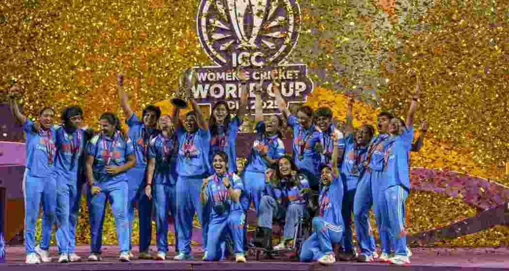  The Indian women’s cricket team celebrating after winning the ICC ODI World Cup for the first time.