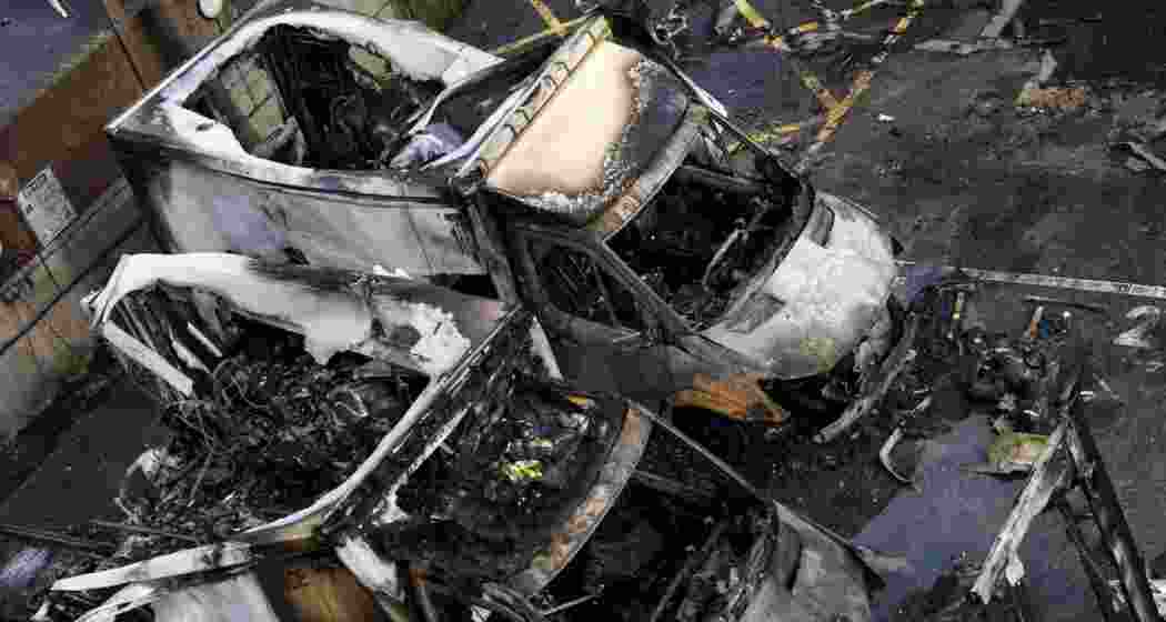The charred remains of the Jewish charity ambulances.