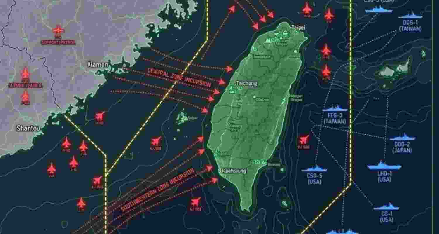 In a post on X, the ministry stated, "3 sorties of PLA aircraft, 9 PLAN vessels, and 1 official ship operating around Taiwan were detected up until 6 a.m. (UTC+8) today.