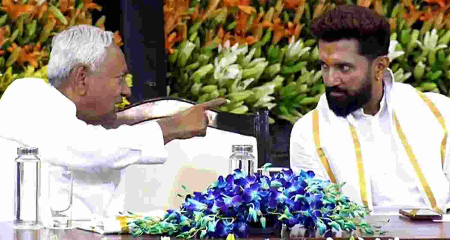 A file photo of Chief Minister Nitish Kumar conversing with Union Minister and Lok Janshakti Party (Ram Vilas) President Chirag Paswan.