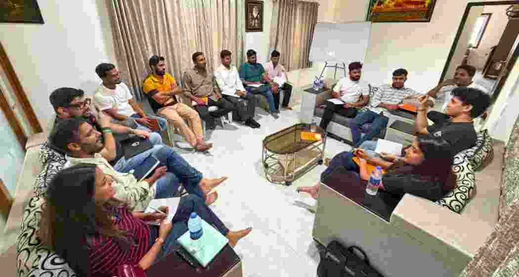 Cockroach Janta Party (CJP) founder Abhijeet Dipke, its spokespersons Saurav Das and Abhijeet Ranka, team member Ratna Singh and others also seen during their core team meeting, in Chhatrapati Sambhajinagar district, Maharashtra on Wednesday.