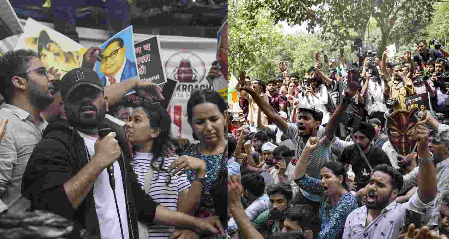 Cockroach Janta Party's (CJP) supporters stage a protest, demanding the resignation of Union Education Minister Dharmendra Pradhan over alleged examination-related lapses, at the Jantar Mantar, in New Delhi, Saturday, June 6, 2026.