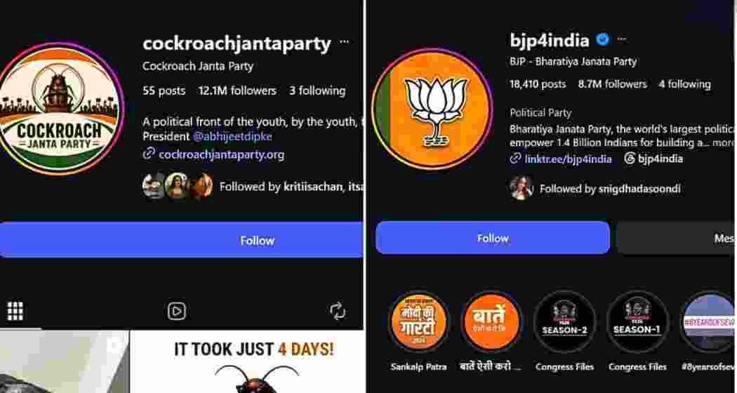 A mobile screen displays the Cockroach Janta Party’s Instagram and newly launched X handle alongside the BJP’s Instagram account as the satirical online movement crossed 15 million followers and faced restrictions on X in India on Thursday.