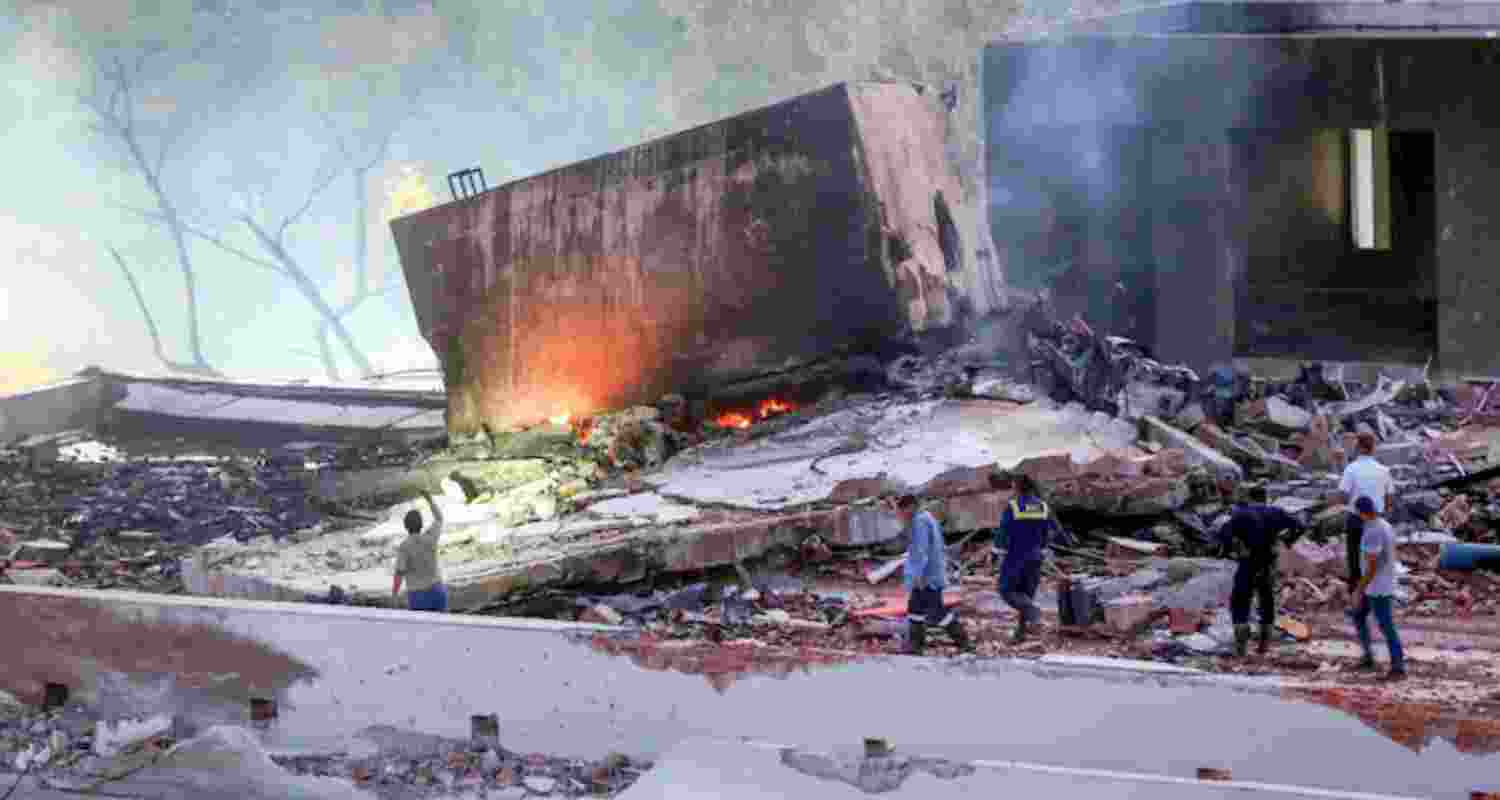 Damage at a building following the Air India plane crash, in Ahmedabad.