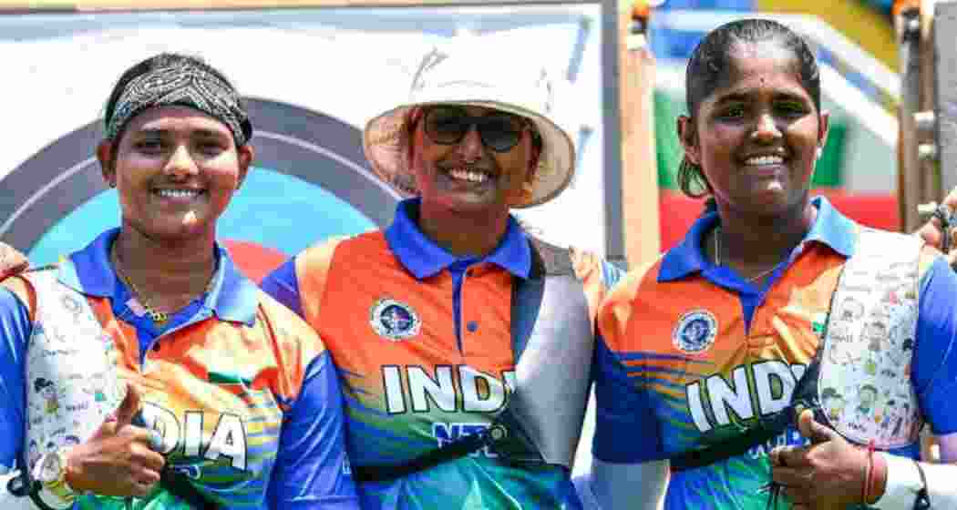 Deepika Kumari (centre) celebrates with teammates after leading India to a dramatic shoot-off win over China for gold at the Archery World Cup Stage 2 in Shanghai on Sunday.
