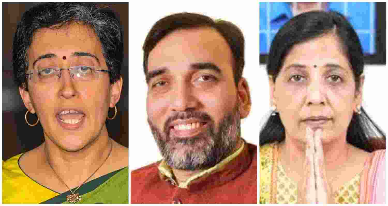 Atishi Marlena (L), Gopal Rai (C), Sunita Kejriwal (R).