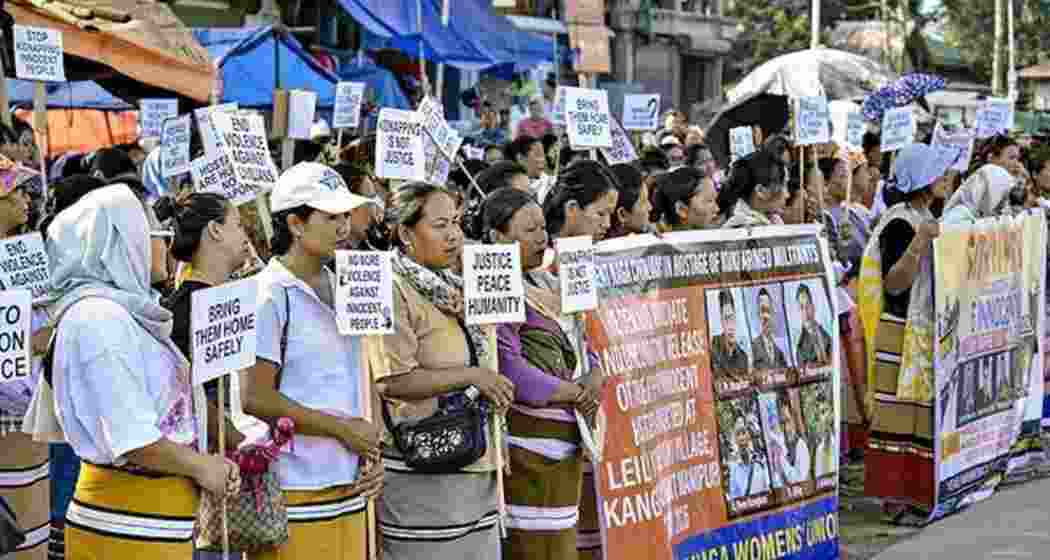 Women take part in a protest demanding the safe release of six missing Naga civilians, allegedly abducted by suspected armed militants following an ambush in Kangpokpi district on May 13, at Kanglatongbi village, in Imphal West district of Manipur.