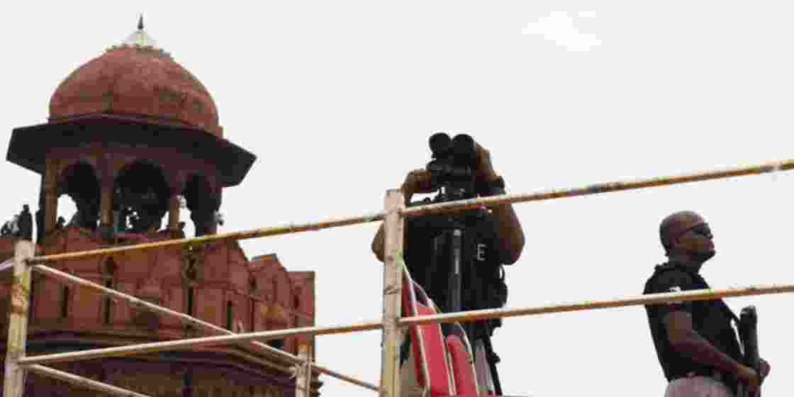Security personnel monitor Red Fort ahead of Independence Day. Security personnel monitor Red Fort ahead of Independence Day.